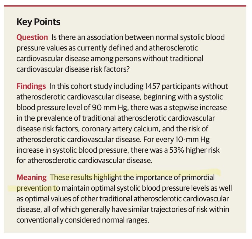 Walking Upstream: The tectonic shift continues.For clinicians: early SBP as a warning sign in preclinical ppl.; 53% risk change per step.Primordial  #prevention emphasized.The opportunity to lead in this space cannot be understated.  https://jamanetwork.com/journals/jamacardiology/articlepdf/2766469/jamacardiology_whelton_2020_oi_200035.pdf