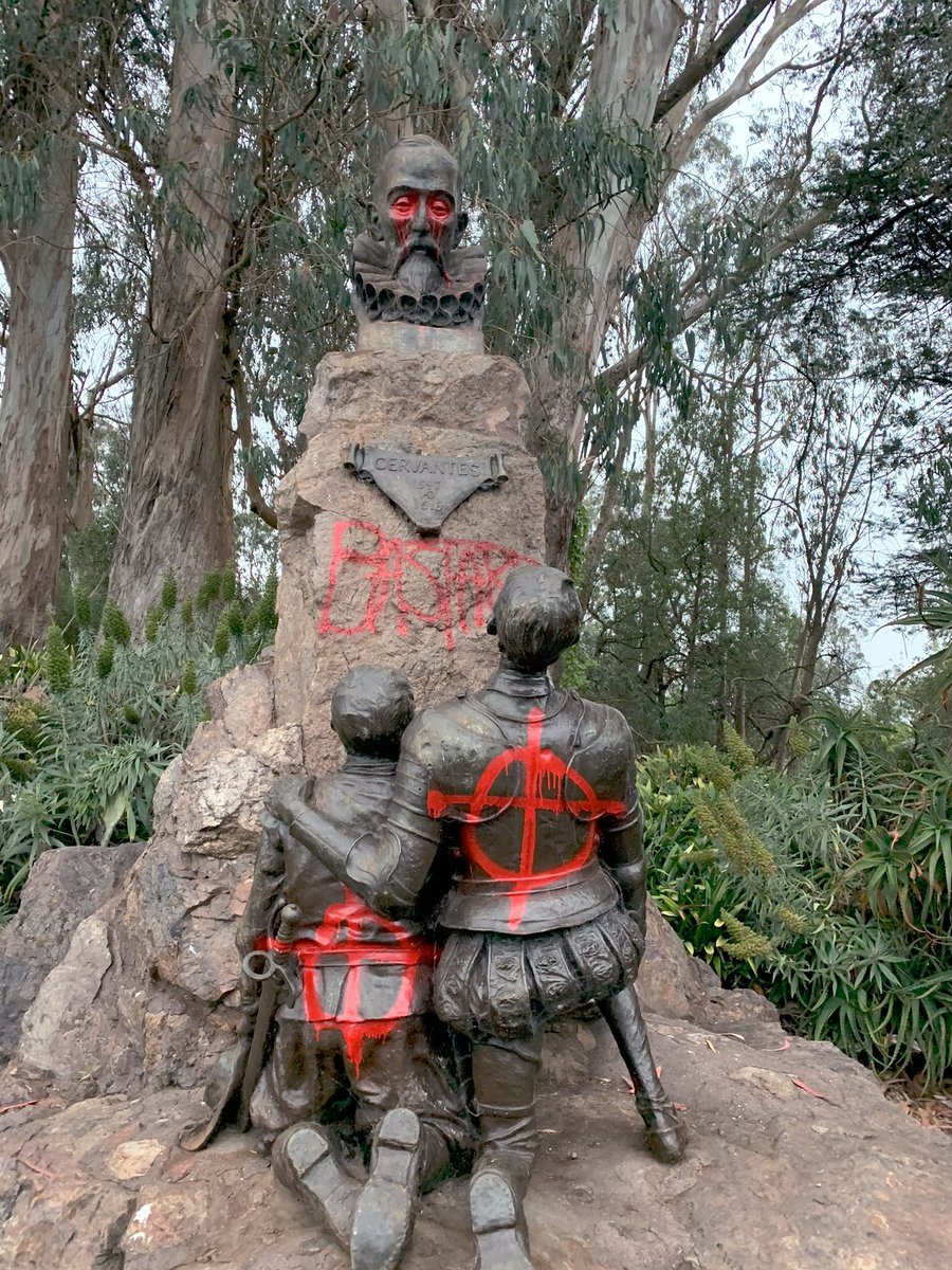neontaster's tweet photo. Vandalizing a Cervantes statue and imagining that you're attacking an evil slave owner is the most meta thing I've seen in my life. https://t.co/RnTCyg4f6g
