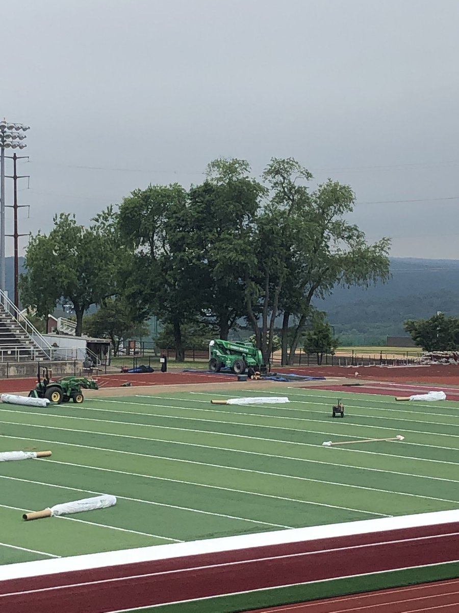 Phase 3 of the stadium resurfacing is in full swing. “Grass” is going down with new two tone turf &amp; maroon border.  The logos will be woven in next.  Check back later!  #GoHuskies #PullTogether