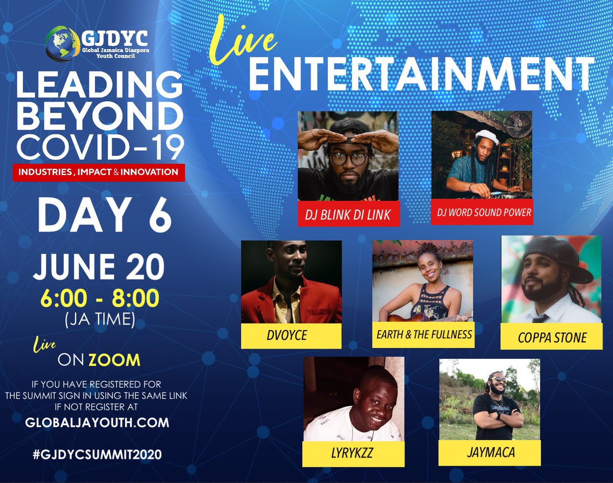 GJDYC_Official's tweet image. As promised,  to close out #GJDYCSUMMIT2020 we have an exciting line up for you in our live entertainment session 🥳🎉 starting at 6pm [JA time]. Tune in NOW and register at globaljayouth.com. 

#GJDYC
#GlobalJAYouth
#JamaicanYouth