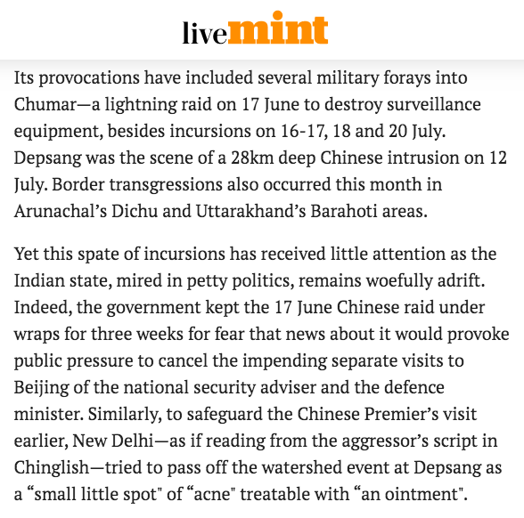 One of the SIX HUNDRED Chinese incursions between 2010 and 2013 during the UPA, was a lightning raid on June 17, 2013 at Chumar, an incursion the UPA did not disclose for THREE WEEKS for fear of public anger forcing cancellation of the Defence Minister’s visit to China. SHAME.