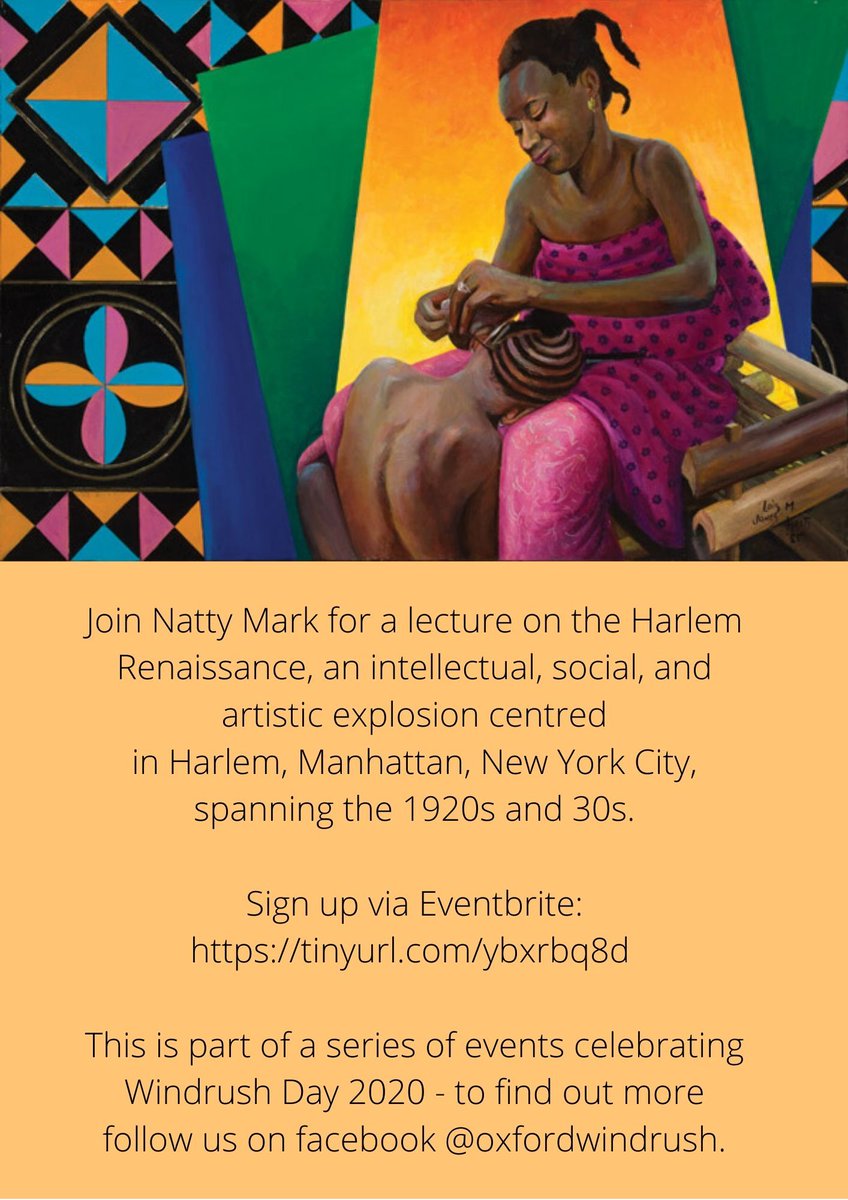 Join Natty Mark on #WindrushDay2020 Monday at 1pm to learn about the Harlem Renaissance, an artistic, social &amp; intellectual movement of the 20s &amp; 30s. Sign up for the webinar via Eventbrite here: buff.ly/3fMtnkN 
#arthistory #DecolonisetheCurriculum #blackhistory