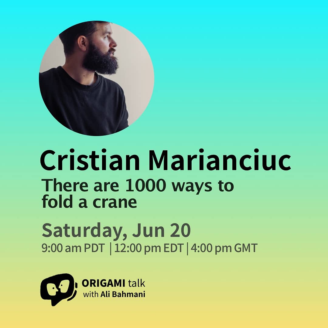 TalkOrigami's tweet photo. In 2 hours we will be talking with Cristian Marianciuc. Get you ticket from https://t.co/JX0NGGhU0c
@alibhmni @Icarus_mid_air 
#origamitalk #zoom https://t.co/AVqmCWZObq