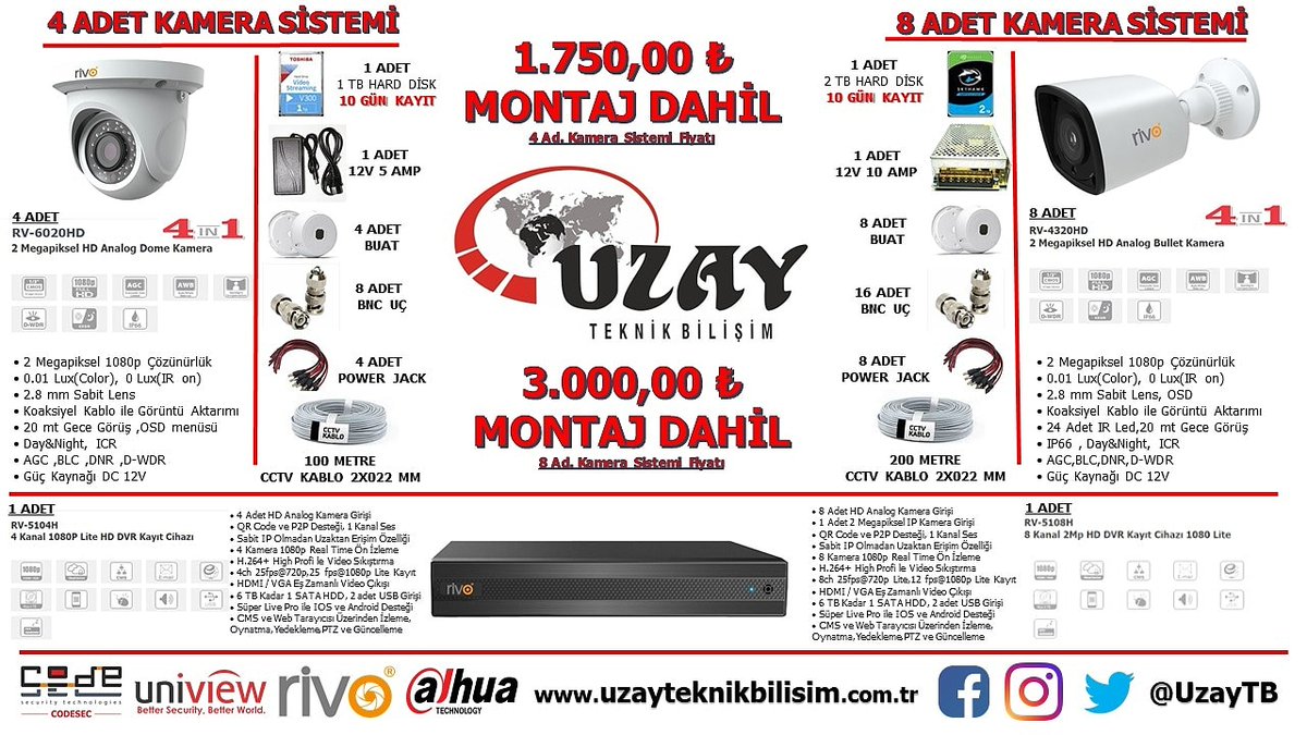 4'lü ve 8'lı kamera da montaj dahil kampanya,  RV-4320HD / RV-6020HD / RV-5104H  ve RV-5108H
#kampanyalıürünler #set #ürünler @rivoguvenlik @serdaldgn <a href="/uzaytb/">Uzay Teknik Bilişim</a> 
<a href="/n11com/">n11com</a> <a href="/gittigidiyor/">GittiGidiyor</a>