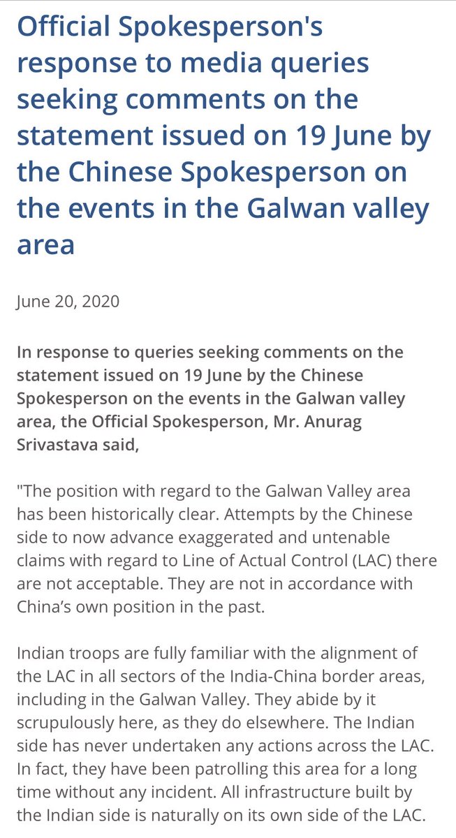 eoiberlin's tweet photo. .@MEAIndia‘s response to media queries on the statement issued by Chinese Spokesperson on events in the Galwan valley area (June 20, 2020). https://t.co/rxX89GId5P
