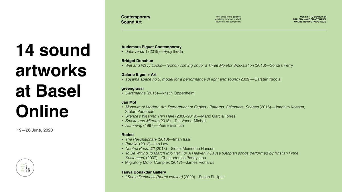 In the absence of a physical fair, this year's <a href="/ArtBasel/">Art Basel</a> is online. 

#Soundart is better in person. But there are many artworks that use sound exhibited in the Online Viewing Rooms #artbaselOVR.

So, we've made a list of 14 of them to help our community find them. 
#artbasel2020