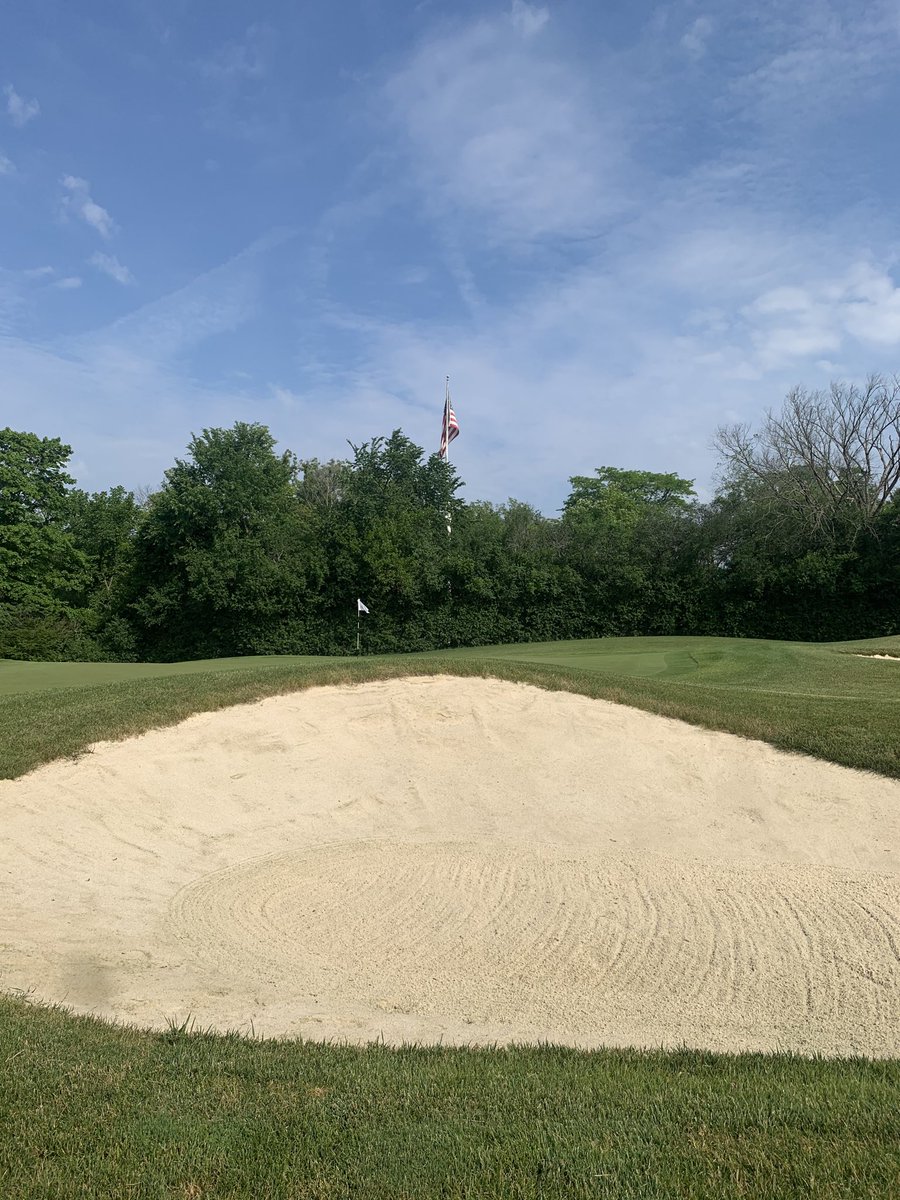TommyDWitt's tweet photo. The bunkers on the red and blue nines should be forming up a bit.  We are hitting them with water from our greens sprinkler heads that face 180 degrees outside the green. https://t.co/NETdzDM3f7
