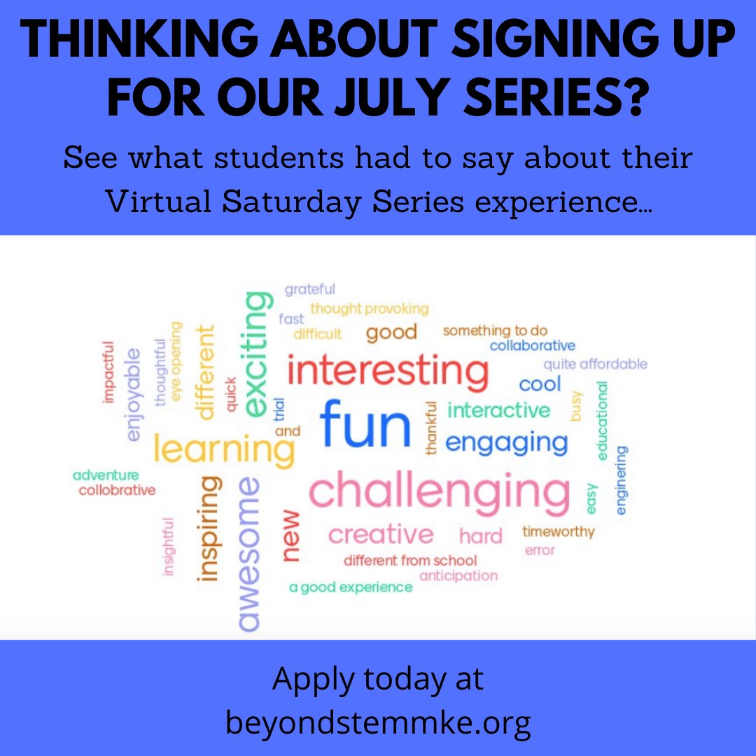 Exciting, time worthy, engaging, inspiring, and creative! All of these words were used by middle school students to describe their virtual experience with Beyond STEM!

Apply today: ow.ly/U1jZ50AbulT or beyondstemmke.org
#stem #tech4all