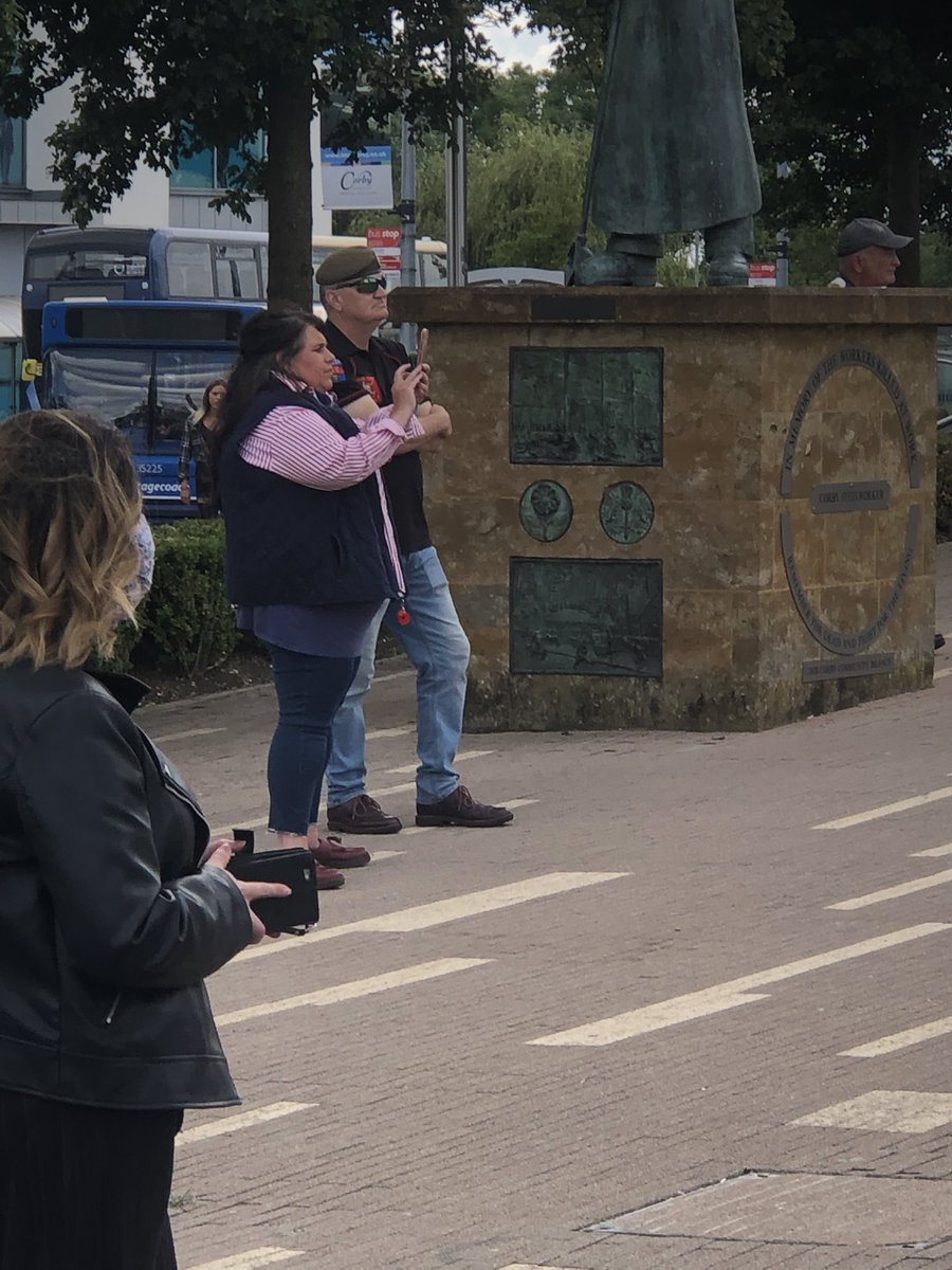 clucko2011's tweet photo. #Corbys Steelworker statue being guarded by The Royal British Legion at #BLMCorby today!!! WTAF 🤦‍♀️😂 https://t.co/UdKwWJsXII