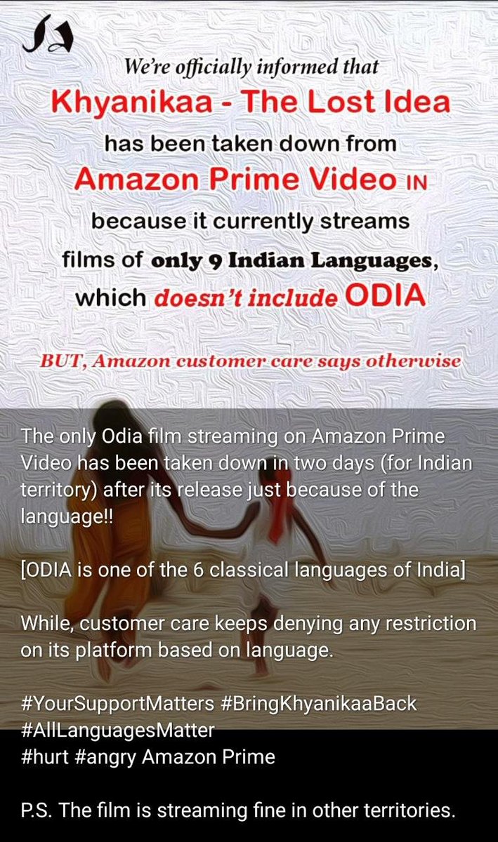 An Odia movie 'Khyanikaa-The Lost Idea' scheduled for release on Amazon Prime, has been taken down because Odia language isn't included in the list of 9 Indian languages of Amazon Prime

#AllLanguagesMatter
#BringKhyanikaaBack