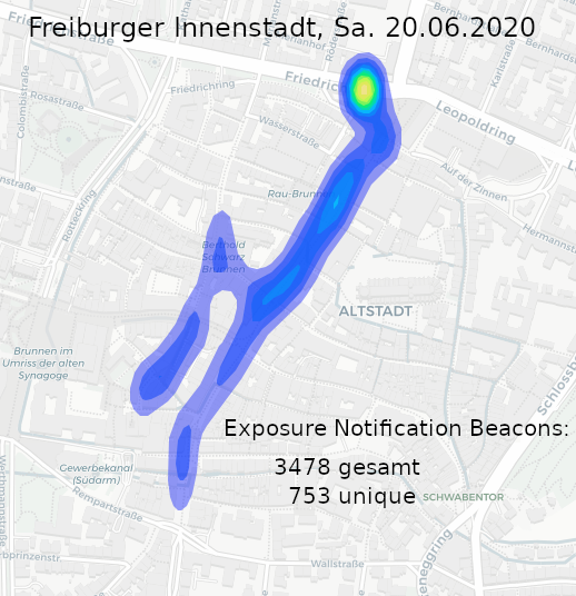 Spaziergang durch die Freiburger Innenstadt am Samstag Mittag + Mittagessen. Ausbeute: 3478 empfangene Exposure Notification Beacons (davon 753 unterschiedliche). #CoronaWarnApp #Freiburg