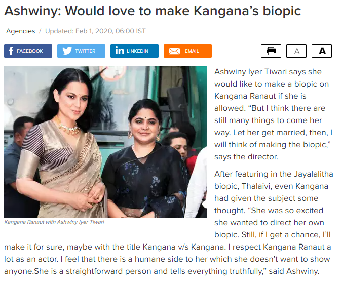  #PangaIn this blind by  @MumbaiMirror, KR was called an "acid tongued" known to be heckling co-actors. Blind lied about KR abusing Ashwiny & trying to throw her out of the film. Ashwiny & KR are friends to this day and Ashwiny even said she wants to direct KR's biopic for her