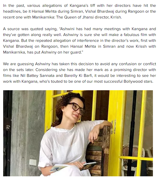  #Panga . @filmfare reported that Ashwiny was so disturbed after hearing about Kangana's "interfering behavior" on Simran , Rangoon etc that she has decided to put a "non interfering clause" in Kangana's contract for Panga [1/2]