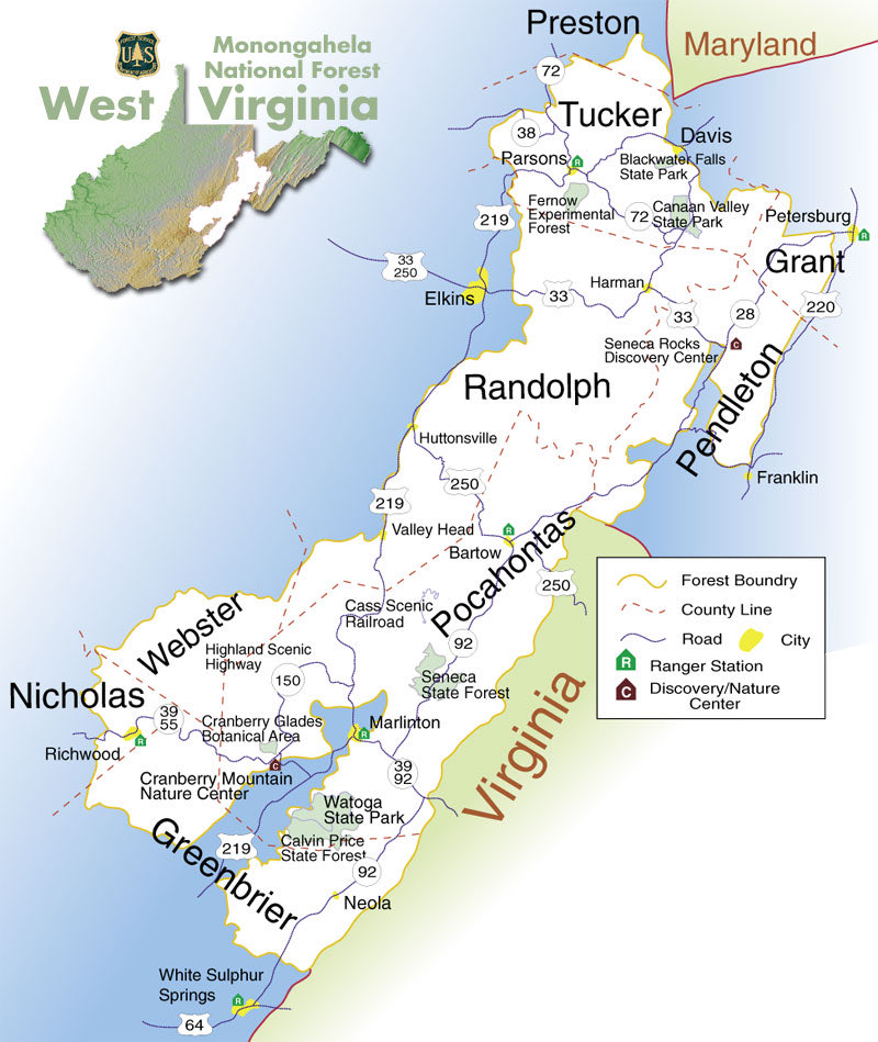 Monongahela National Forest -Established in 1920 (100 years) and is home to one of the most ecological diverse areas in the US. Spruce Knob is located here and is the highest point in WV. Hiking, camping, and more outdoor activities can be found in the Forest