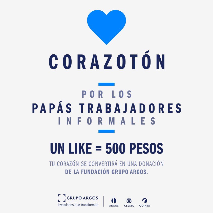 Grupo_Argos's tweet photo. ¡Ahora es el turno de llevar felicidad a los papás cabeza de familia! Por cada like en esta publicación 💙 la #FundaciónGrupoArgos donará $500 pesos para dar una mano a papás que dependen de un trabajo informal. ¡Juntos multipliquemos #UnLlamadoALaEmpatía! https://t.co/cEfXGmEXU6