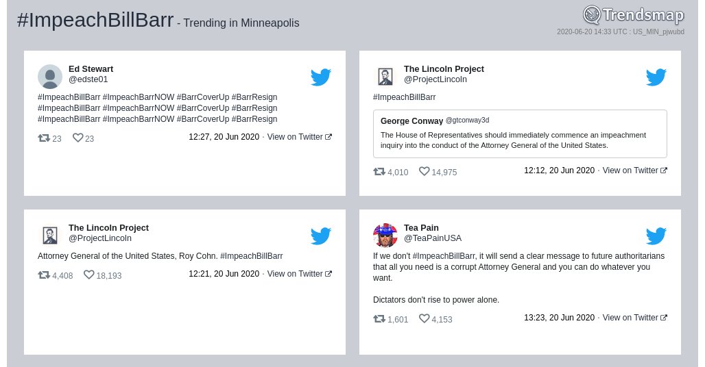 TrendsMPLS's tweet photo. #impeachbillbarr is now trending in #Minneapolis

https://t.co/Z3Czd61PKX https://t.co/YUHDNSCVW3
