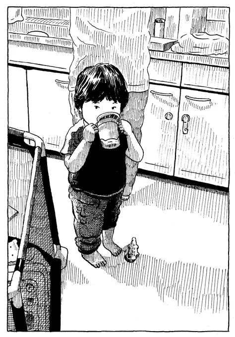 2歳息子、おやつ食ってる時お絵描きボードが視界に入りそのまま流れるようにドローイング開始。そりゃいい絵描けるよな、かっこいいよな、自分もそうでありたいなという2頁漫画です。数年ぶりに、つけペンで描いてみました。これから漫画描く時は、つけペンしか無いなという感触。やっぱり全然違う。 