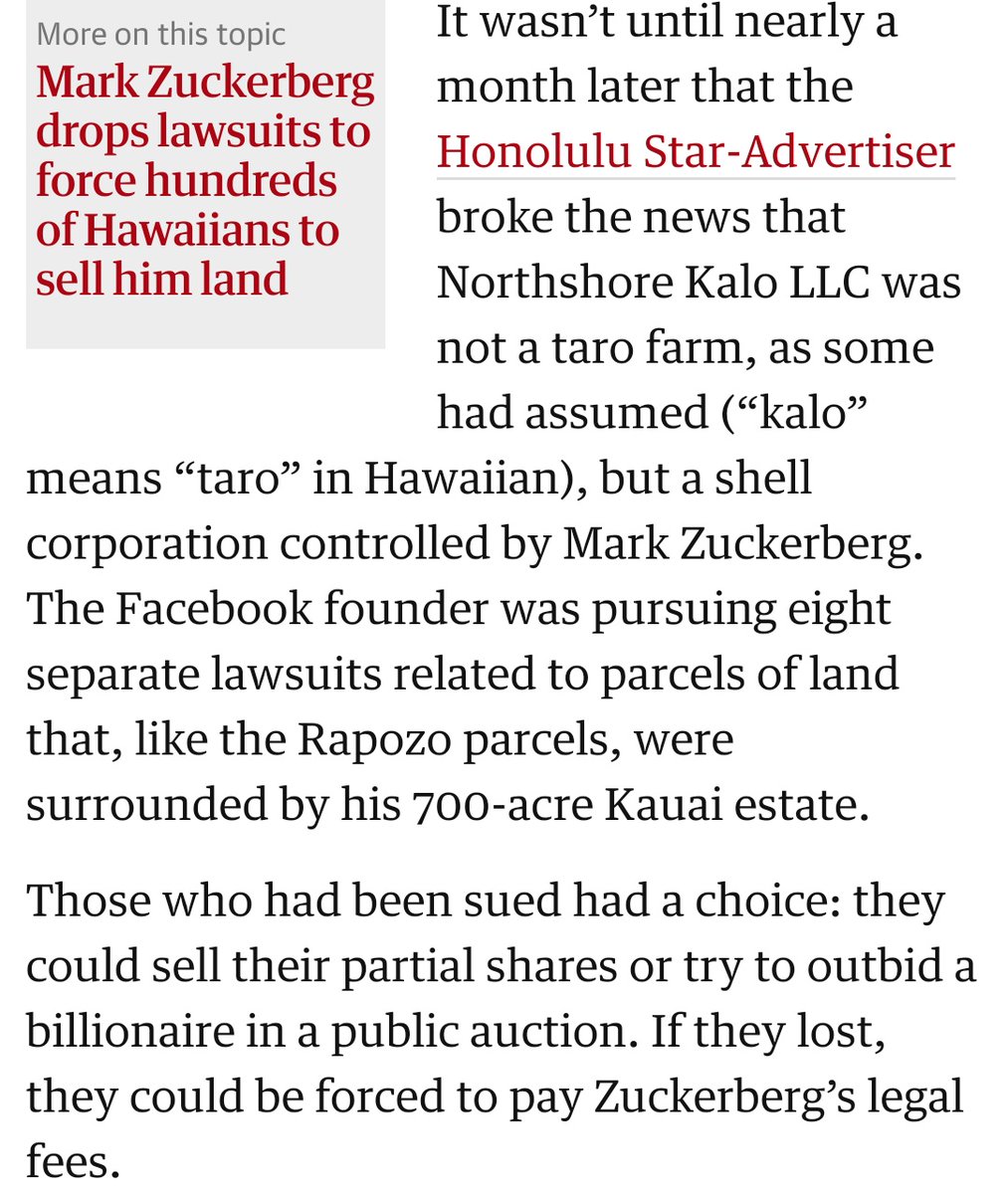Mark Zuckerberg literally set up a local sounding shell corporation to approach local land owners, offer to pay legal fees to clear up titling claims, and then force it to public auction where mark could bankroll and snatch themhis house is an eyesore and I hope it burns