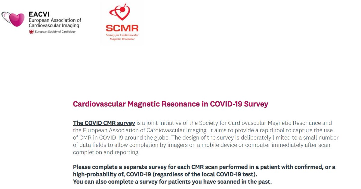Manish Motwani (@doc_tiger) on Twitter photo **NEW: CMR IN COVID-19 SURVEY 🧲launched by <a href="/SCMRorg/">Society for Cardiovascular Magnetic Resonance</a> <a href="/escardio/">European Society of Cardiology</a>. The goal: capture use of #WhyCMR in #COVID19 around the 🌏. V short - few mins/patient only to allow easy completion. Can access from smartphone or computer. Bookmark it. Please help. zcu.io/ed0o **NEW: CMR IN COVID-19 SURVEY 🧲launched by <a href="/SCMRorg/">Society for Cardiovascular Magnetic Resonance</a> <a href="/escardio/">European Society of Cardiology</a>. The goal: capture use of #WhyCMR in #COVID19 around the 🌏. V short - few mins/patient only to allow easy completion. Can access from smartphone or computer. Bookmark it. Please help. zcu.io/ed0o