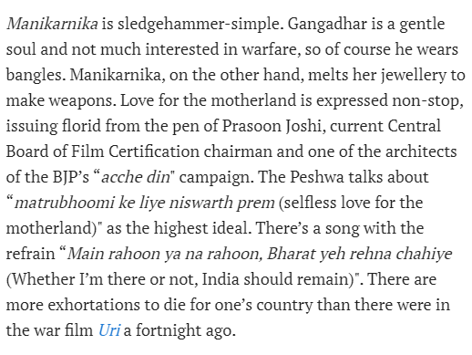  #Manikarnika The reviews of Manikarnika was also highly degrading and political. People called Kangana "Sanghi", "BJP mouthpiece" etc when the movie had nothing to do with that.