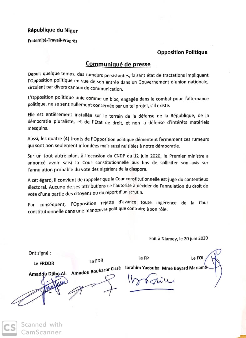 Ibrahimayacoub's tweet photo. Niamey, le 20 juin 2020
Communiqué des 4 fronts de l'opposition politique #nigérienne . https://t.co/XiK9G5By39