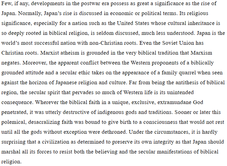 Thread of articles which influenced me/made me think, still go back to reread some of these from time to timeReligion and the Rise of Capitalism: The Case of Japan (Richard L. Rubenstein) http://www.amerika.org/politics/religion-and-the-case-of-capitalism-richard-l-rubenstein/I think written sometime in 80's as late Nakasone is referenced