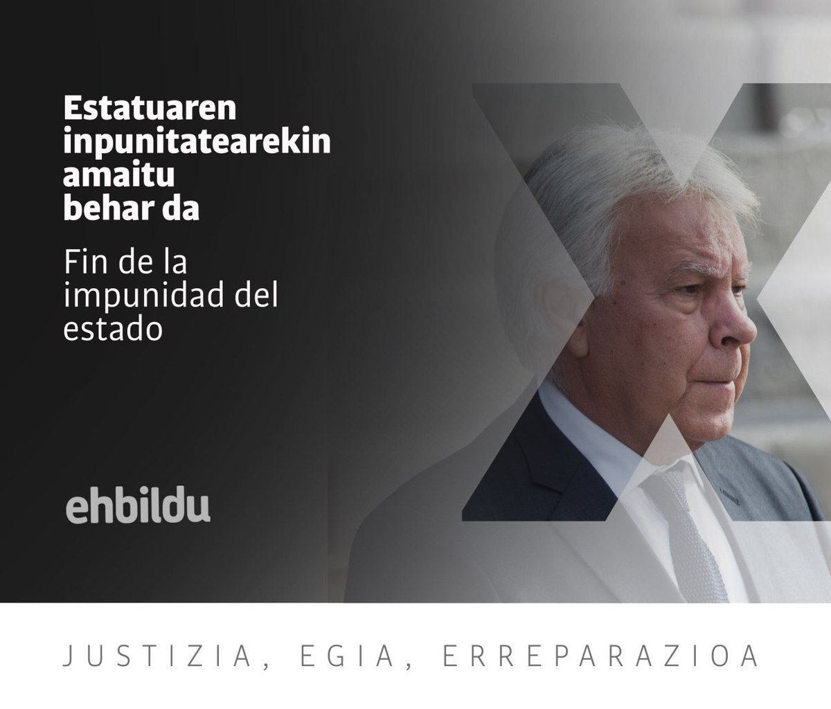 ESTATUAren INPUNITATEArekin AMAITU behar da.

FIN de la IMPUNIDAD del ESTADO.

#Egia 
#Justizia 
#Erreparazioa