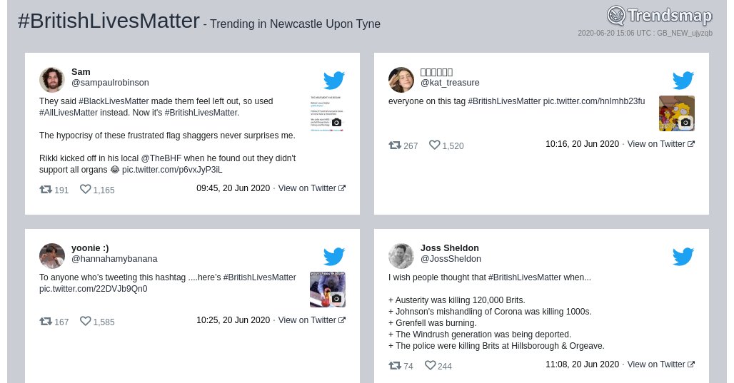 #britishlivesmatter is now trending in #NewcastleUponTyne

trendsmap.com/r/GB_NEW_ujyzqb