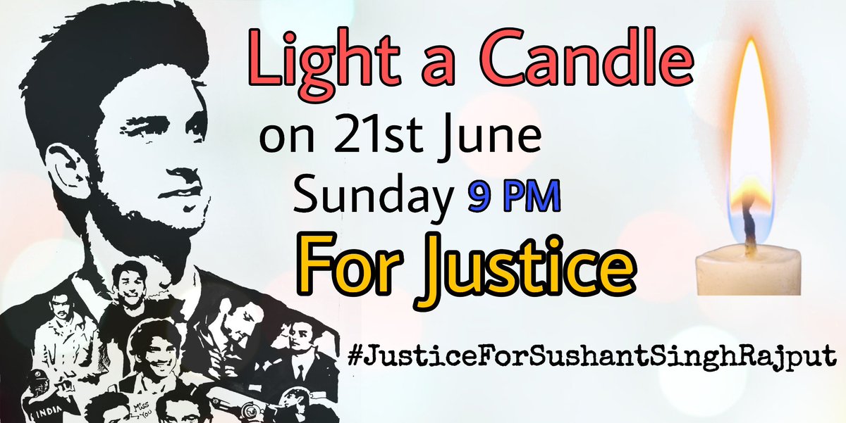 abhitweet780's tweet photo. Everyone Light a Candle at 9 PM on  21st June, Sunday  for Sushant Singh Rajput Justice. All of you take this Screenshot and put on your status🙏🙏

Rt Maximum

#ArrestMurdererOfSushant https://t.co/vIpa0XkyGi