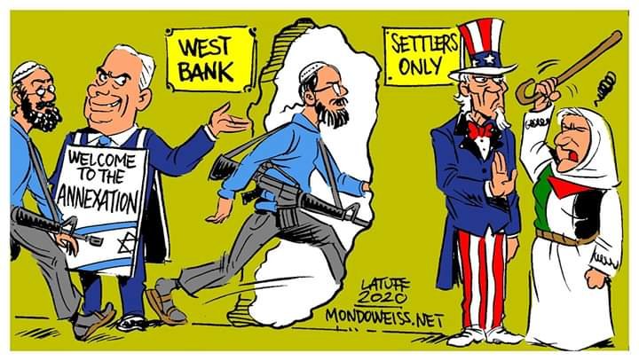 Quds News Network on Twitter: "Israeli PM Netanyahu has pledged to annex portions of West Bank by early July, which will normalize #Israel's apartheid in #Palestine. Cartoon by: Carlos Latuff https://t.co/uZIc6mQngC" /