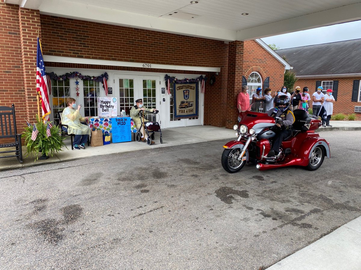 ChesterfieldVa's tweet photo. WWII vet and #Cfield resident Adelbert “Del” Baker celebrated his 100th birthday today! American Legion Post 186, @CFEMSPIO, @CCPDVa &amp; @CCSOVA held a birthday procession this morning at the Magnolias of #Cfield to honor a long life of family &amp; service. HAPPY BIRTHDAY MR. BAKER!! https://t.co/V0oidgOwwe