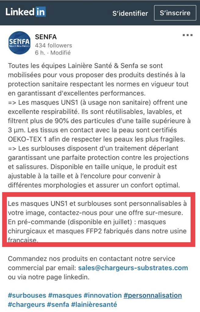 ShelbyTrading's tweet photo. #Chargeurs
Senfa filiale du groupe propose des #masques UNS1 et #surblouses personnalisables ainsi que des masques chirurgicaux et FFP2 #madeinFrance 🇫🇷
#COVIDー19 #senfa #lainieresante https://t.co/2Y1ETdZLAK