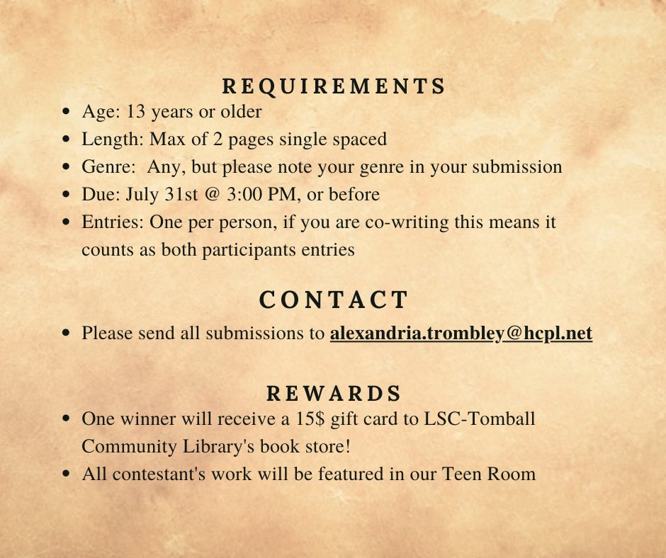 tomballlibrary's tweet image. Calling all teen writers! Are you a passionate writer, and wanting to show your talents to the world? Help us celebrate 2020 Summer Reading by showing us short stories that you have created! All work submitted will be recognition on our social media sites &amp;amp; in our Teen Room!
