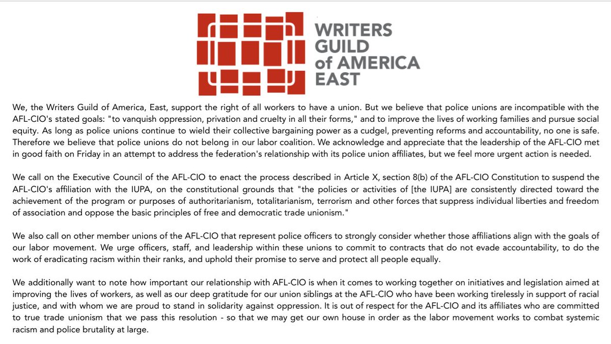 WGAEast's tweet image. The following resolution was unanimously passed by the Council of the Writers Guild of America, East calling on the @AFLCIO to disaffiliate with the International Union of Police Associations (IUPA).
