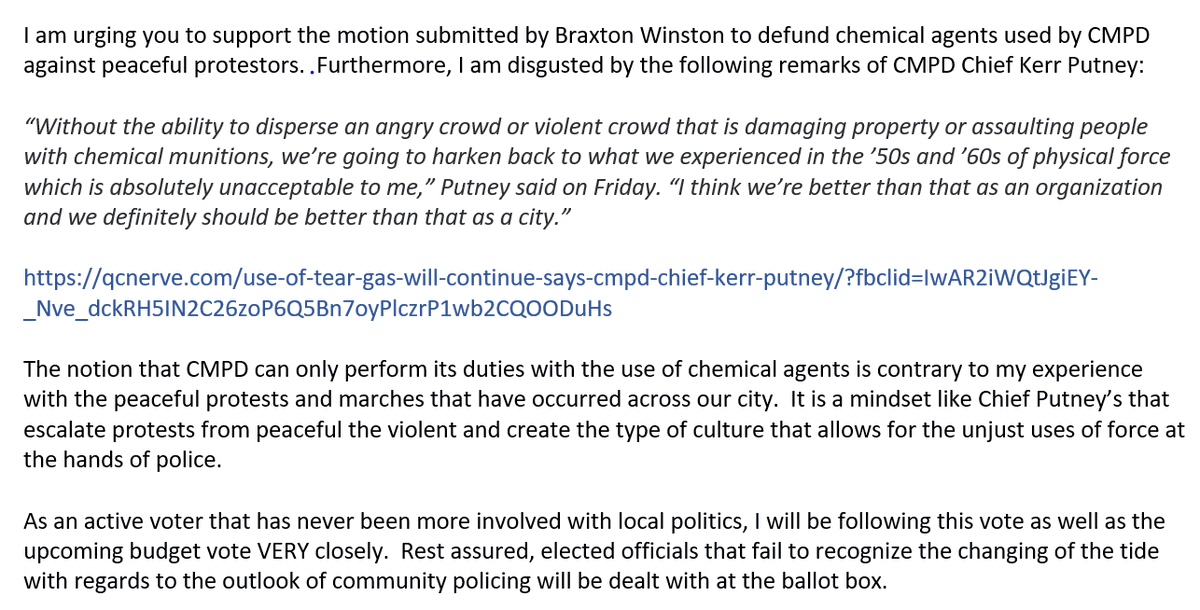 benfromdetroit's tweet photo. my letter to @CLTCityCouncil in support of @BraxtonWinston's motion to defund the use of chemical weapons by @CMPD against peaceful protests. If you are in need of a quick copy/paste ahead of tonight's vote DM me and I'll send over the word doc #CLTprotest @queencitynerve https://t.co/vxEH0GZvCx