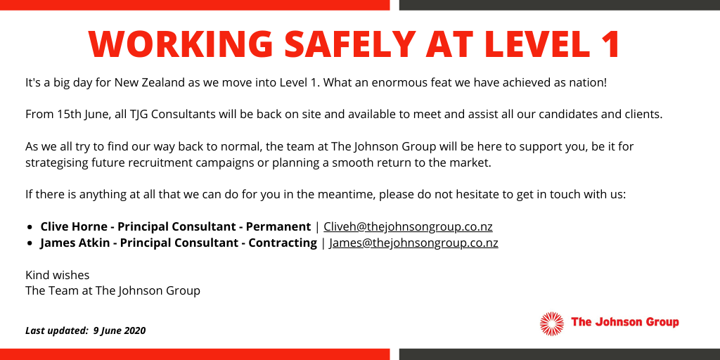 TJGRecruitment's tweet photo. 📢 It's a big day for NZ as we move into Level 1! From 15 June, all TJG Consultants will be back on site, available to meet and assist all our candidates and clients. 
As we all try to find our way back to normal, the team will be here to support you. Get in touch at any time 👇 https://t.co/U56K7PuCk8