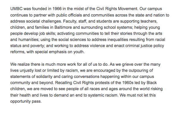 Many in our community are asking what actions UMBC is taking&amp;how we can do more, both as individuals &amp; as a campus. We must take action, both on campus&amp;through our engagement in the larger community, to address the impact of structural racism &amp; inequality. t.e2ma.net/webview/zhawue…