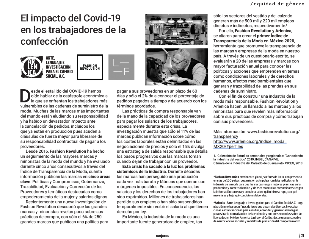 ArlenicaAC's tweet photo. Agradecemos a la @Revista_mujeres por el artículo publicado sobre El Impacto del #COVID 19 en los trabajadores de la confección. Aquí te lo compartimos. #ITTMMx2020 #DerechosHumanos #Sustentabilidad #Moda https://t.co/jPaVVlF8qJ