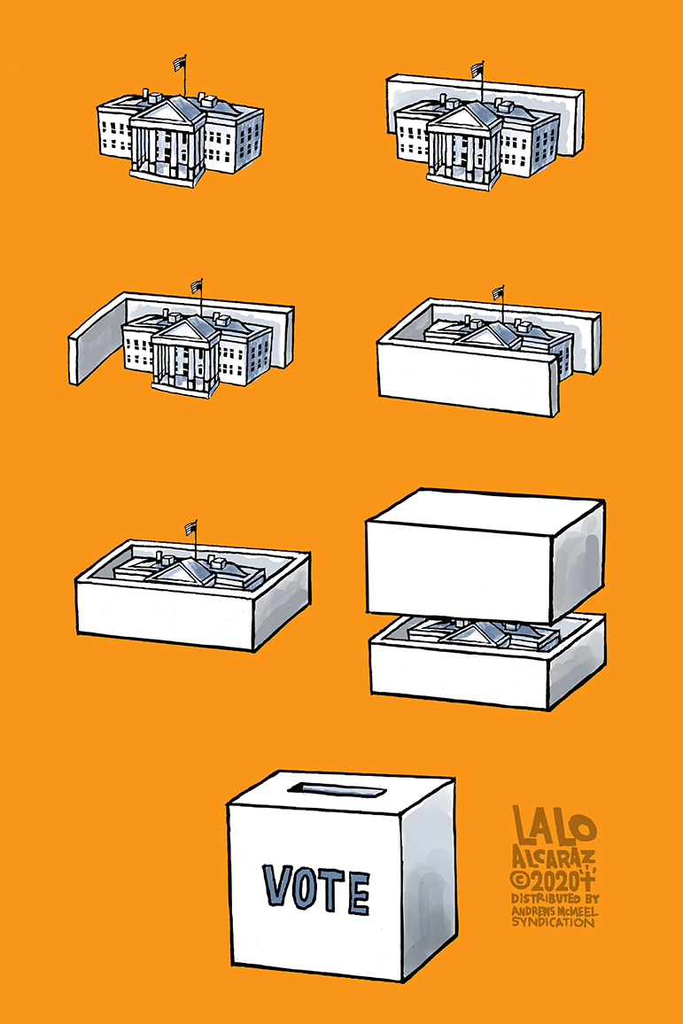 laloalcaraz's tweet photo. Trump built a wall around the White House, so let's seal him off forever. Please share #laloalcaraz cartoons. #vote  #flushtheturd 
#VoteOutTheGOP https://t.co/dCVkAaeyDl