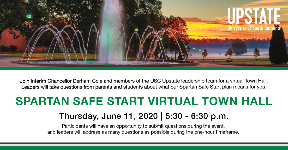 USCUpstate's tweet image. USC Upstate parents and students:
We invite you to join us for a Virtual Town Hall from 5:30-6:30 p.m. on Thursday. Interim Chancellor Derham Cole and University leaders team will answer your questions about our Spartan Safe Start plan. Join meeting: bit.ly/2UnVwX2