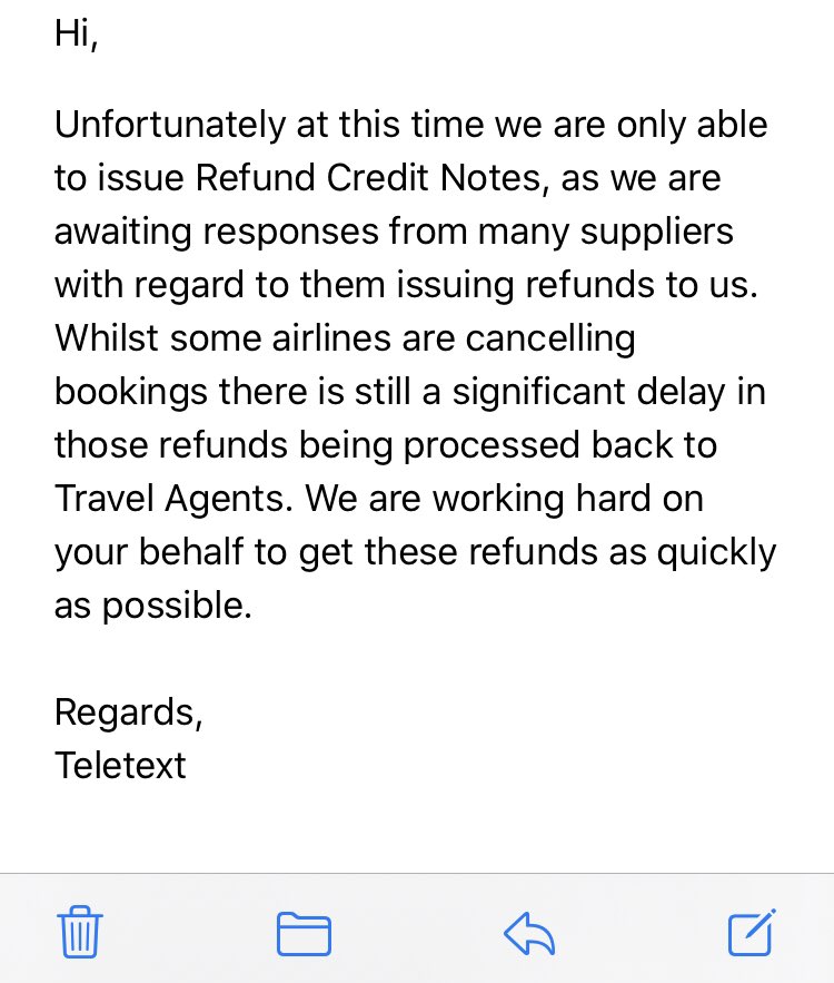 Jenny_Bastock's tweet photo. Thanks @TeletextHoliday an email prior to this one states only credit voucher refund which is wrong. I know it’s going to take time and I’m happy to be patient but teletext have been completely uncomittal with any information. All I want is a straight answer 
@MartinSLewis help! https://t.co/NElagFVxqu
