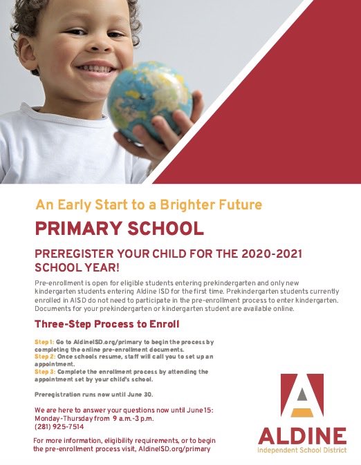 MayraAGarcia2's tweet photo. Preregistration is OPEN for the 2020-2021 school year for eligible prekindergarten students and NEW Aldine ISD students entering kindergarten. Families can begin the online preregistration enrollment process, which ends June 30. https://t.co/dzzy512rVK 

@Hinojosa_AISD https://t.co/8ftrGBkH3l