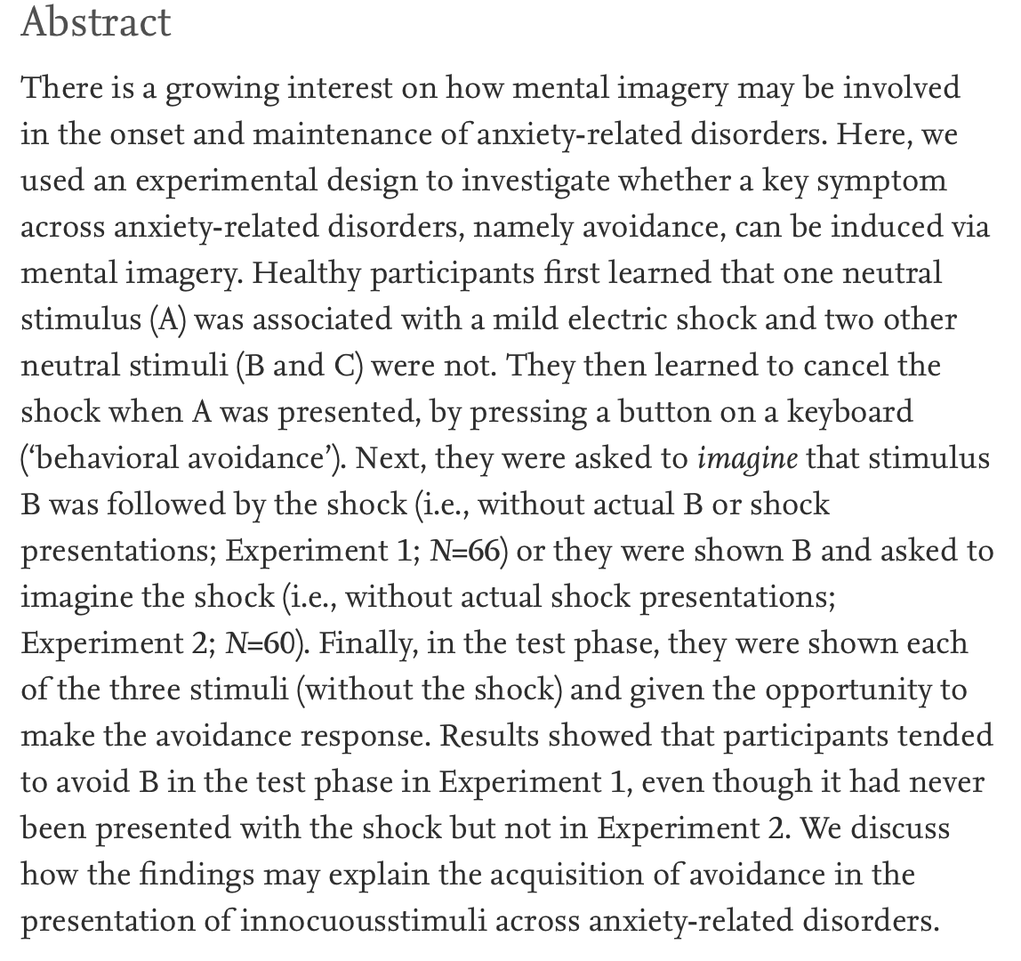 Angelos Krypotos @angelosvankr.bsky.social - (Ψ) (@angelosvankr) on Twitter photo New paper: "Induction of conditioned #avoidance via mental #imagery". New article available at Behaviour Research and Therapy, with <a href="/G_Mertens/">Gaëtan Mertens</a>, Leer, & Engelhard! (sciencedirect.com/science/articl…) New paper: "Induction of conditioned #avoidance via mental #imagery". New article available at Behaviour Research and Therapy, with <a href="/G_Mertens/">Gaëtan Mertens</a>, Leer, & Engelhard! (sciencedirect.com/science/articl…)