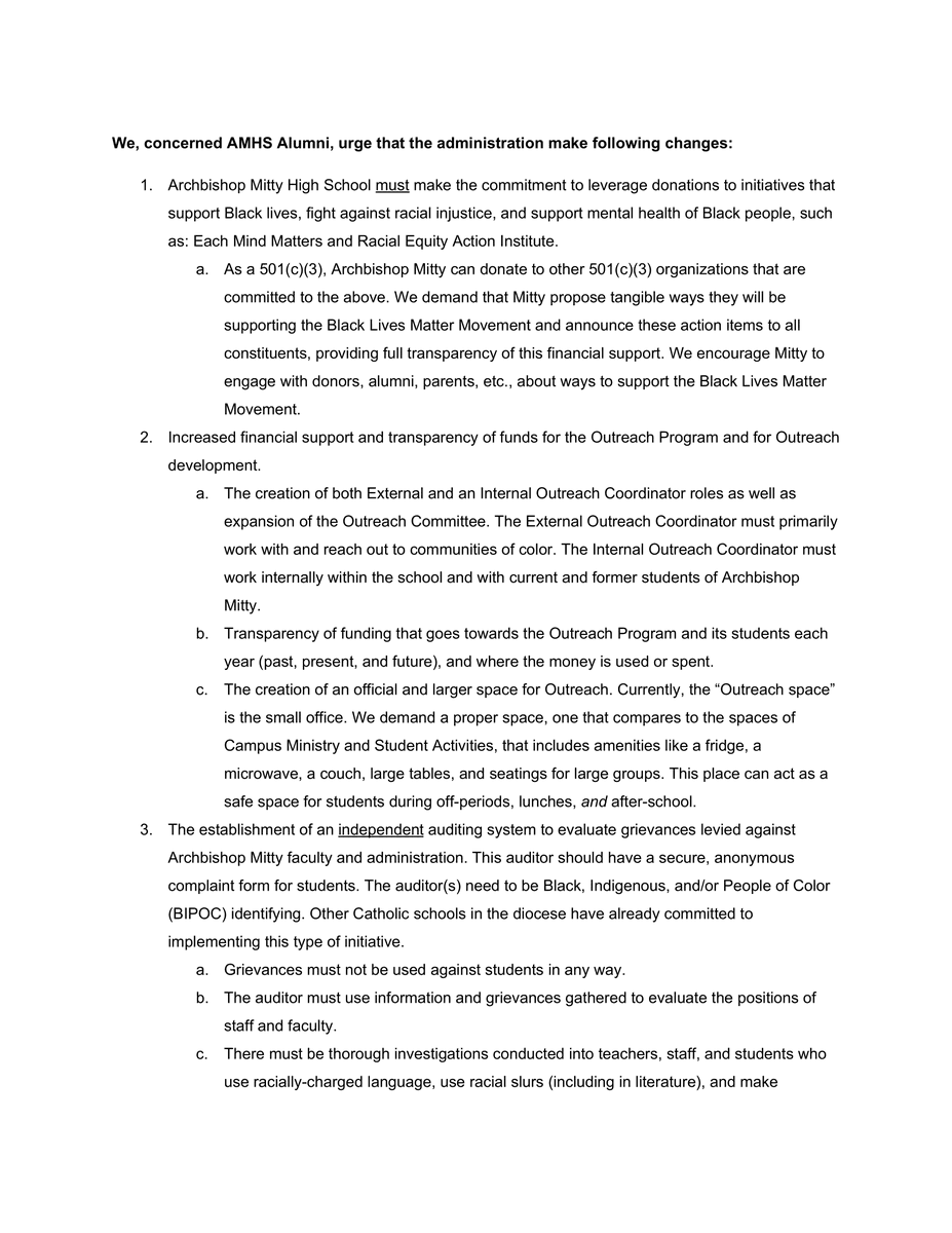 giutravos's tweet photo. I have been working alongside Black alumni from Archbishop Mitty to develop a list of changes that we urge the AMHS administration to adopt and enact. These changes are feasible and crucial in preventing anti-Blackness from running throughout the Mitty community. https://t.co/jOlYATLmbU