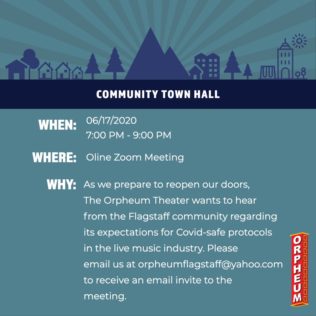 As we prepare to reopen our doors, The Orpheum Theater wants to hear from the Flagstaff community regarding its expectations for Covid-safe protocols in the live music industry. Reserve your spot to join the conversation: bit.ly/3hholOO