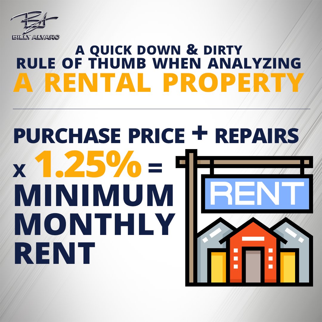 unstoppable_BA's tweet image. The 1.25% Rule to investing &amp;amp; renting 🏠 This #QuickTrick can help you figure out if your investment in a rental property is going to be worth the return. You could learn, partner or invest with me. Just head over to BillyAlvaro.com &amp;amp; fill out a form to get started 💰