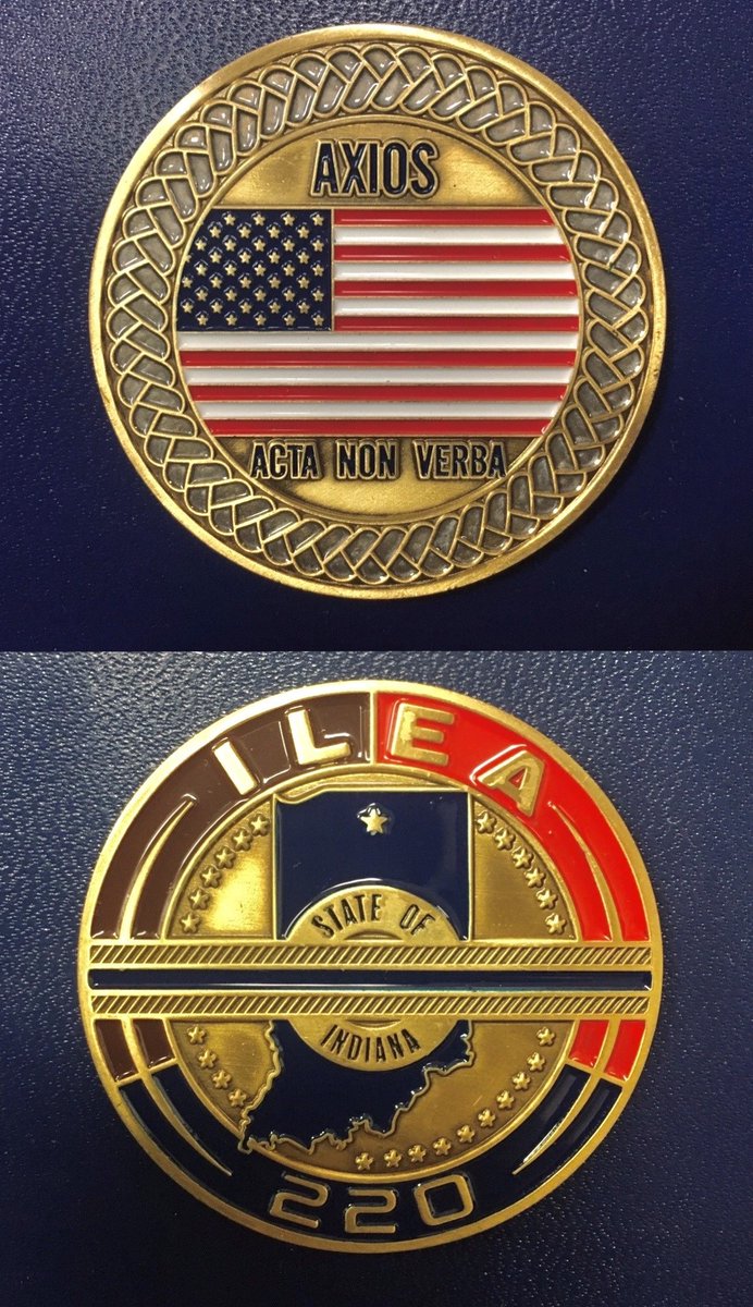 IndianaLawEnfo1's tweet photo. The Basic Class 220 coin design!  The coin has 3 colors.
Blue = City &amp; Town Police, Brown = County Police, 
Red = Indiana State Fire Marshal.  “Axios” means “worthy of” and the bottom rocker stands for “actions not words”.
#ILEABasicClass220 #IndianaPolice #EssentialWorkers https://t.co/MJvD3mjoa6