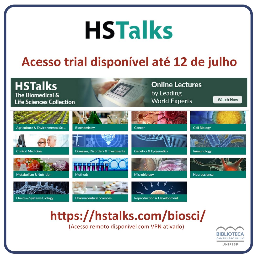BCSP_UNIFESP's tweet photo. A HSTalks disponibiliza acesso trial à base Biomedical & Life Sciences Collection, até o dia 12 de julho. Acesso institucional ou remoto via VPN
https://t.co/OvgbE7J7j5
#trial #HSTalks #bcspemcasa #bibliotecacsp #bibliotecaunifesp #unifespoficial #unifesp #somosunifesp https://t.co/QO9IbUDFQz