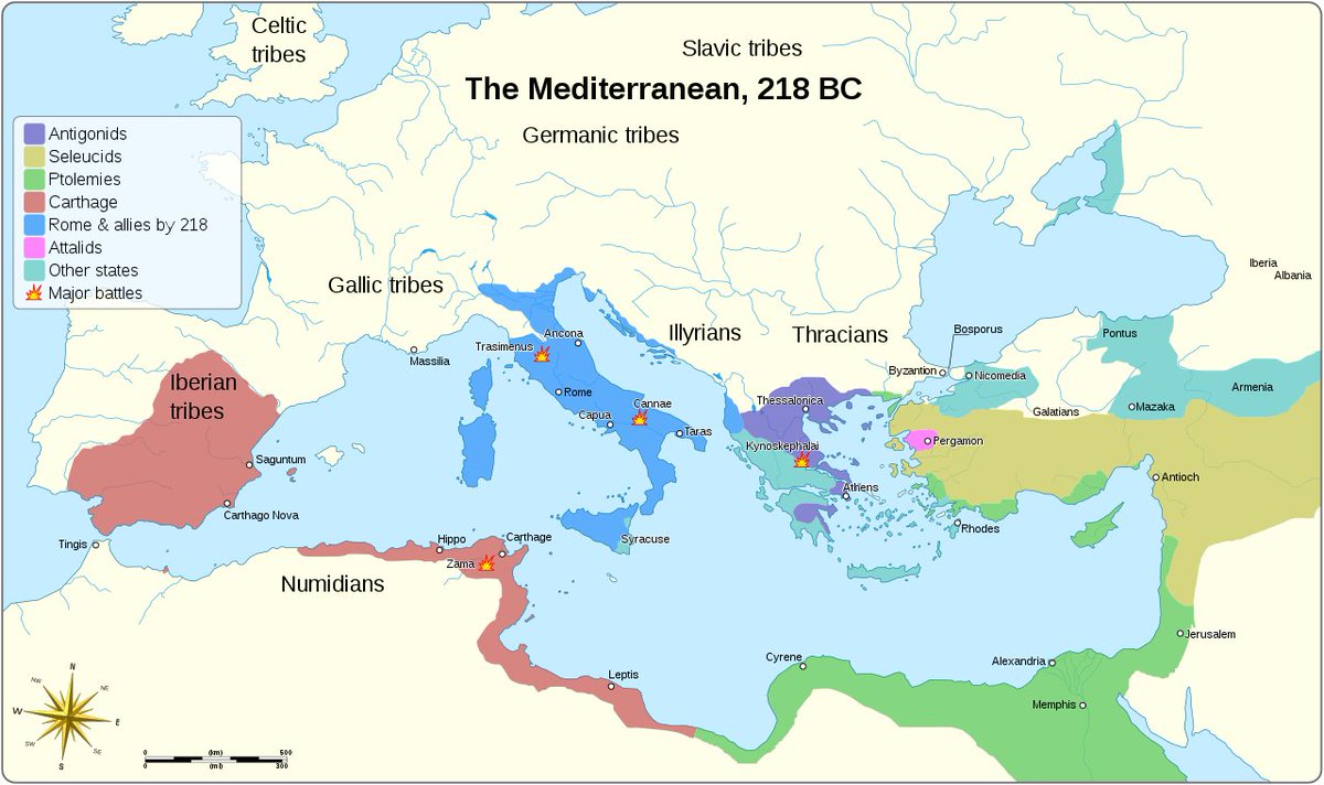 3/ This would start changing around the 3rd century BCE, as Carthage conquers the Southern part of Iberia. But by the end of this same century, when the Second Punic War begins in 218 BCE, the Carthaginians swept through Iberia to increase their holdings