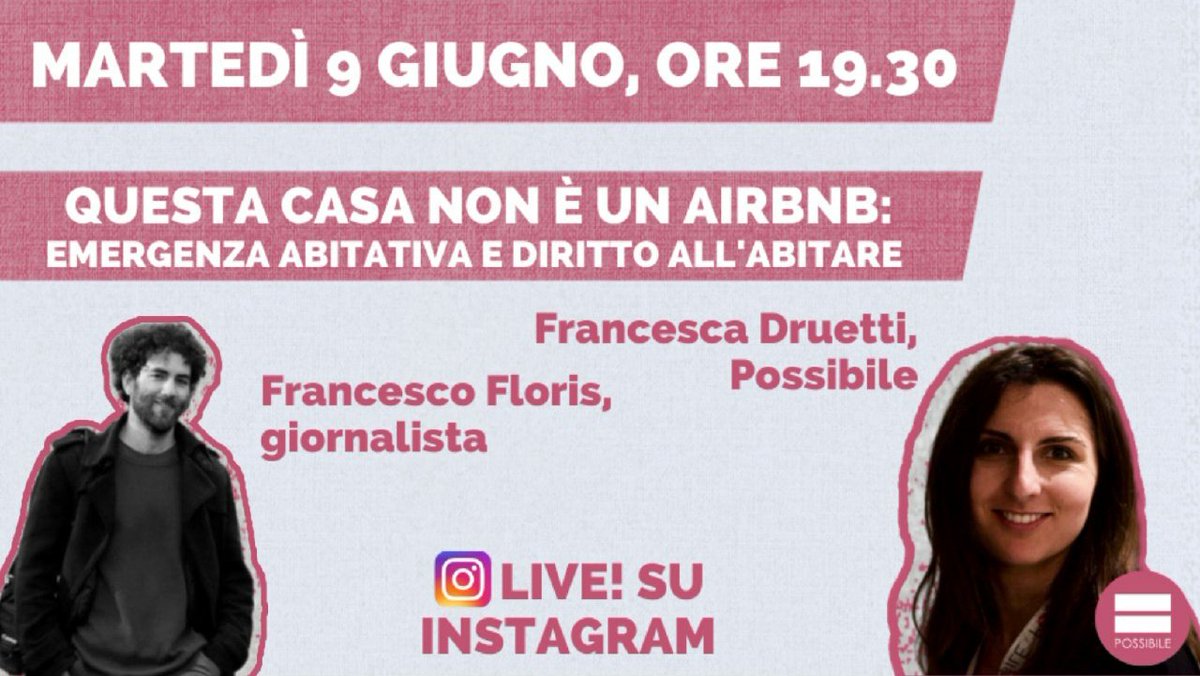 Martedì #9giugno alle 19.30 saremo in diretta su #instagram con <a href="/Fra0283/">Francesca Druetti</a> e <a href="/FraFloris/">Francesco Floris</a>, giornalista. Parleremo del mercato immobiliare e del #diritto all'abitare, partendo da una delle città-simbolo da questo punto di vista: #Milano. 

Seguici su instagram.com/possibileit!